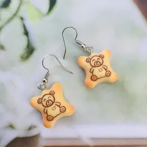 Jolies boucles d'oreilles biscuit ours faites main, style japonais mignon faux food bijoux.