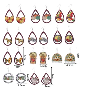 Autumn Thanksgiving wooden teardrop earrings set with autumn pumpkin sunflower leaf print.