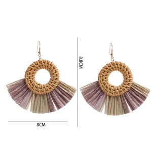 Handgemaakte geweven rotan raffia waaier oorbellen boho zomer vakantie retro sieraden detail