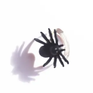 Detail view of the black plastic simulation spider ring, perfect for Halloween party props.