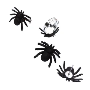 Black plastic spider rings and stud earrings set, perfect for Halloween party costume jewelry.