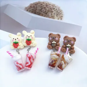 Mignons Boucles d'Oreilles Pendantes en Plastique Résine Crème Glacée Thé aux Perles Ours Fraise Lapin Dessin Animé Boucles d'Oreilles pour Femmes Bijoux