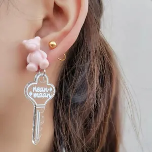 Sweet pink bear key earrings cute long drop earrings fashion ear studs daily jewelry