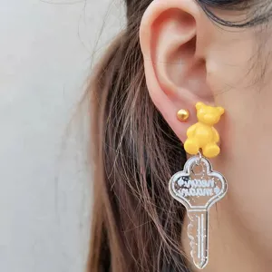 Cute bear key earrings, sweet long acrylic drop earrings, unique fashion jewelry for women.