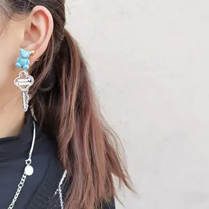 Cute blue bear key earrings niche design sweet long drop earrings for women daily wear