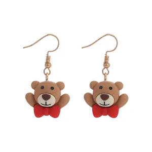 Süße braune Teddybär Ohrringe mit roter Schleife und goldenen Haken, süßer Cartoon Schmuck.