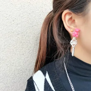 Cute pink bear and silver key long drop earrings sweet niche design fashion jewelry for women