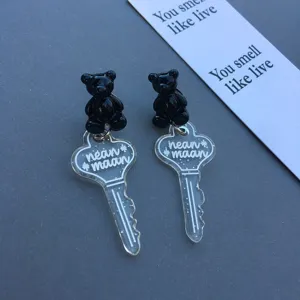 Cute black bear resin and glitter transparent key drop earrings sweet niche design jewelry