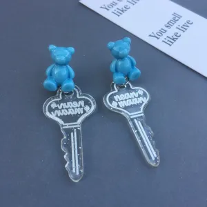 Cute blue bear acrylic key dangle earrings sweet long drop ear accessories for women