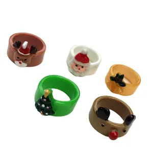 Set di Anelli in Resina Cartone Animato di Natale Babbo Natale Renna Albero di Natale Anello Regolabile per Bambini Ragazze Gioielli
