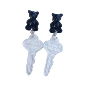 Black bear and translucent key dangle earrings, sweet indie design drop earrings for women.