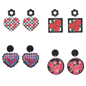 Boucles d'Oreilles Cœur en Acrylique pour la Saint-Valentin Boucles d'Oreilles Imprimé Floral Rose Douce Bijoux de Mode