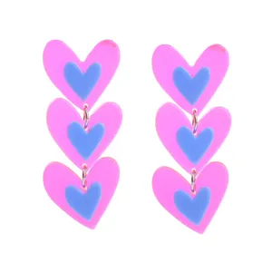 Modische Acryl doppelte Herz Ohrringe fuer Damen trendiger rosa blaue lange baumelnde Schmuck.