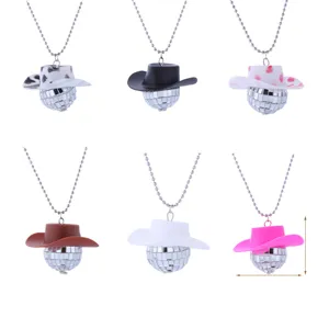 Diskokugel Halskette mit Cowboyhut 70er Jahre Retro Party Mode Schmuck 6 Farben Set