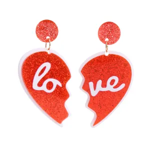 Rote Glitzer Acryl gebrochene Herz Ohrringe, süsse Liebeswort Hängende Schmuck.