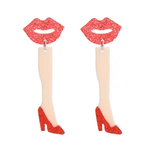 Kreative Acryl rote Lippen High Heel Beine Ohrringe, ausgefallener Modeschmuck für Frauen.