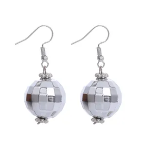 Silver 20mm disco ball dangle earrings, retro 70s style mirror spherical pendant for women.