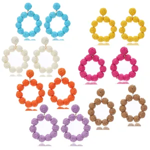 Bohemian Raffia Woven Round Drop Earrings For Women Summer Beach Vacation Handmade Rattan Geometric Dangle Earrings Jewelry