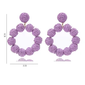 Purple raffia woven statement earrings for women, stylish summer beach holiday round drop earrings.