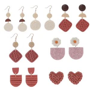 Handgefertigte Polymer-Ton Ohrhänger Für Damen Retro Geometrische Webstruktur Farbblock Holz Spleiß Ohrringe Boho Schmuck