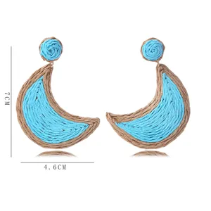Pendientes de luna trenzados playa de verano, pendientes colgantes paja azul mujer.