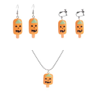 Halloween pumpkin popsicle jewelry set resin cute pendant necklace hook clip earrings