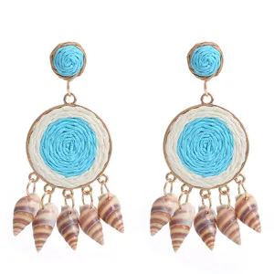 Χειροποίητα boho σκουλαρίκια από ψάθα και φυσικό κοχύλι για γυναίκες καλοκαιρινή παραλία