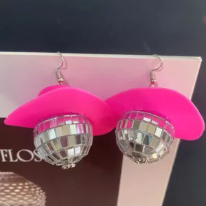 Pink disco ball cowgirl hat earrings, 70s retro party punk statement jewelry for women.