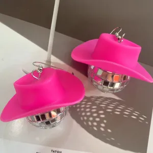 Pink cowboy hat disco ball earrings 70s retro party punk silver hook fashion jewelry.