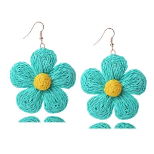 Pendientes de flores de rafia tejida a mano estilo bohemio turquesa pendientes para mujeres.