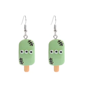 Halloween green popsicle drop earrings resin funny monster eyes cute jewelry gift