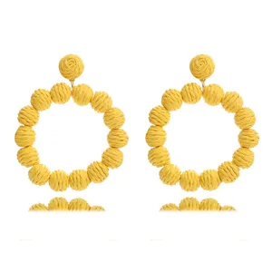 Yellow woven straw ball dangle earrings summer beach bohemian style statement round hoop jewelry