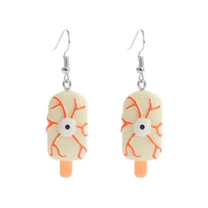 Halloween eyeball popsicle resin dangle earrings, quirky spooky food play jewelry gifts.