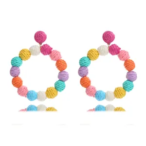 Handmade colorful raffia straw ball hoop earrings for women summer beach vacation boho jewelry