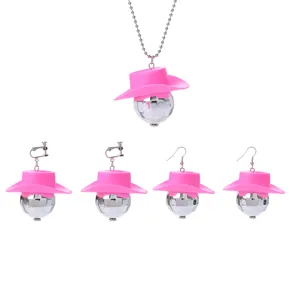Pink cowboy hat disco ball necklace earrings set retro 70s party jewelry accessories