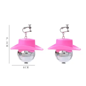 Pink cowboy hat disco ball clip-on earrings, 70s retro party punk fashion jewelry for women.