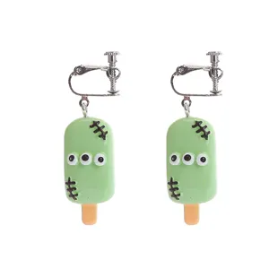 Halloween green monster popsicle clip-on earrings resin funny novelty jewelry gifts
