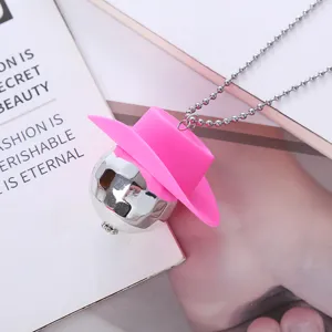 Vintage 70s disco ball necklace with pink cowboy hat pendant, trendy punk party jewelry for women.