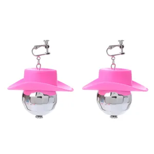 Pink cowboy hat disco ball clip-on earrings, unique retro party festival jewelry accessory.