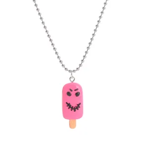 Cute Halloween pink popsicle pendant necklace with silver bead chain, quirky resin jewelry item.