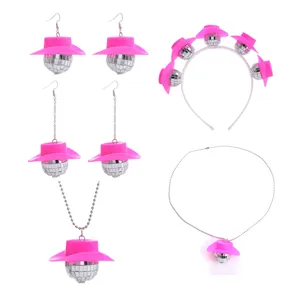 Retro 70s Disco Ball Earrings Pink Cowboy Hat Mirror Laser Ball Punk Rave Party Drop Earrings For Women Club Accessories