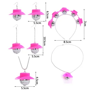 Pink disco ball cowboy hat earrings necklace headband party retro fashion jewelry set