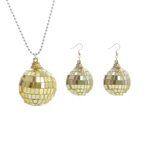 Set collana e orecchini con palla da disco dorata da donna, gioielli festa retrò anni 70.
