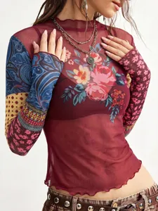 Mesh floral print long sleeve top detail, sheer fabric slim fit lettuce edge fashion apparel.