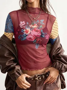 Women long sleeve mesh floral print top with lettuce trim and contrast patchwork sleeves.