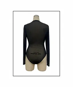 Black long sleeve mesh bodysuit back view detail featuring subtle industrial print.