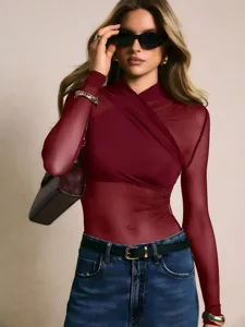 Women sexy sheer mesh long sleeve bodysuit crossover wrap top autumn fashion style