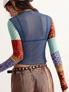 Women sheer mesh patchwork long sleeve top slim fit ruffle trim fashion tee detail view