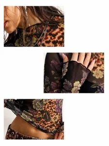 Top manches longues imprimé léopard floral rétro slim en mesh femme vue de détail fin