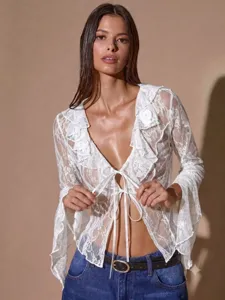 White lace long sleeve V-neck tie front top, featuring intricate lace detailing and elegant flare sleeves.